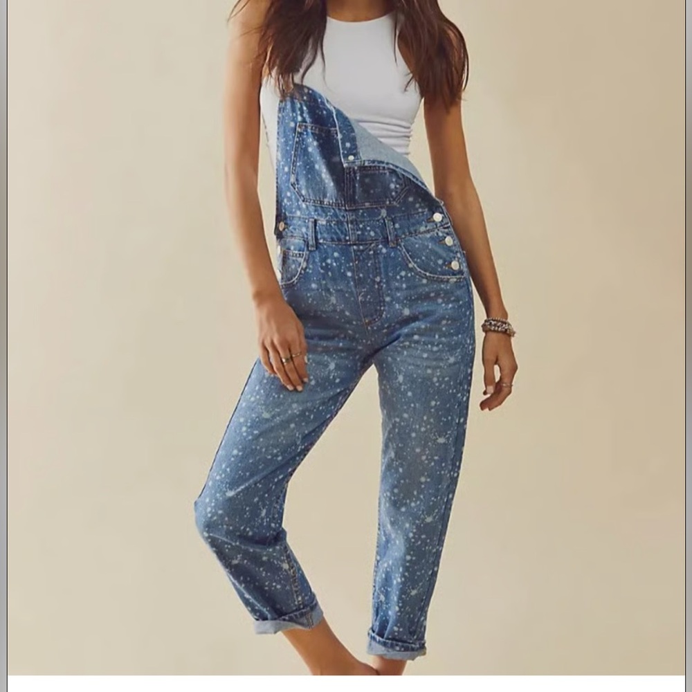 We The Free Blue Speckled Denim Overalls